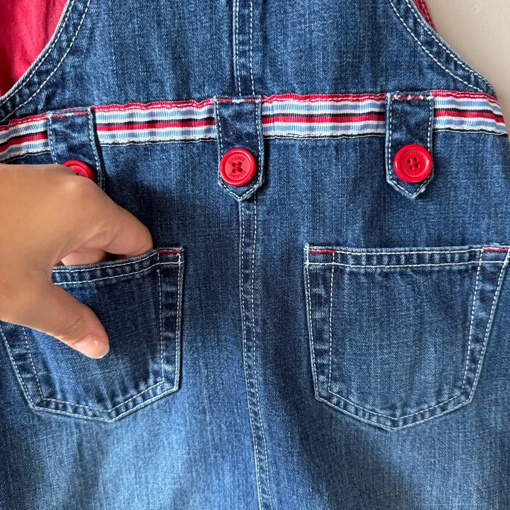 Vintage 2003 Gymboree Toddler Red Buttons Blue Denim‎ Overalls Dress Size 4